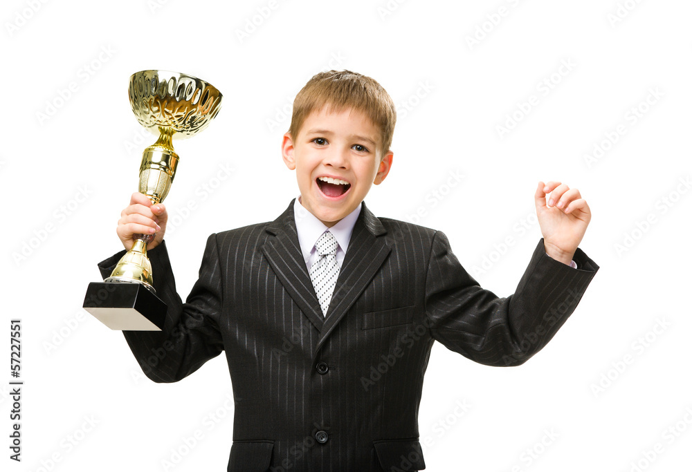 Half-length portrait of little business man handing golden cup Half-length portrait of little business man handing golden cup