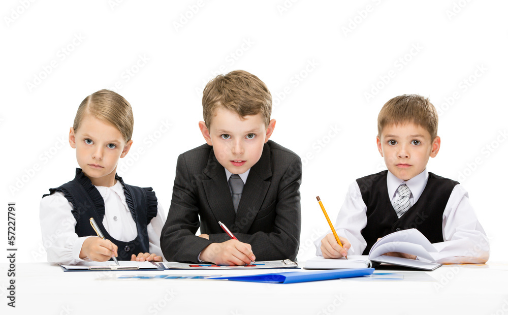 Group of little business people at the table, isolated Group of little business people at the table, isolated