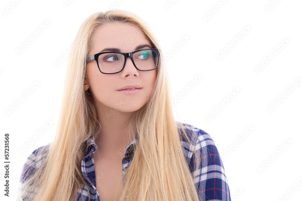 cute blondie girl in eyeglasses with beautiful long hair isolate