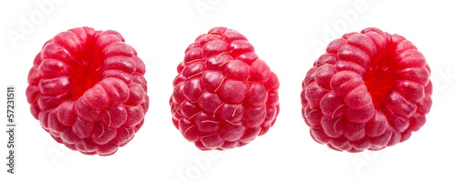 Ripe raspberries isolated on white from different directions