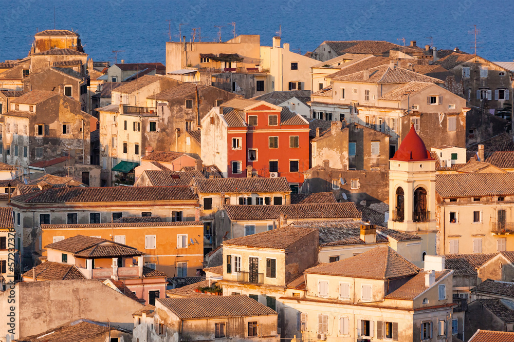 View homes in Corfu Town close-up, Greece