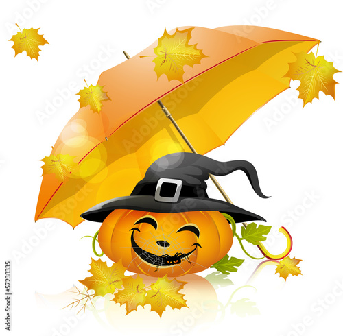 Pumpkin under a yellow umbrella, falling leaves, halloween