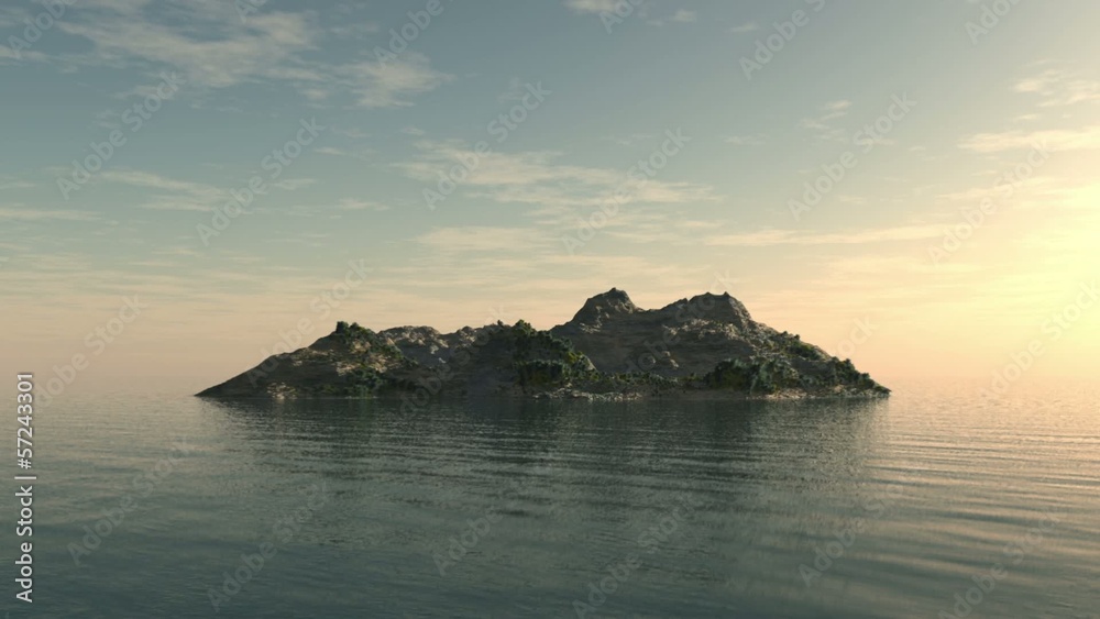 Fly around small isolated island for travel backgrounds