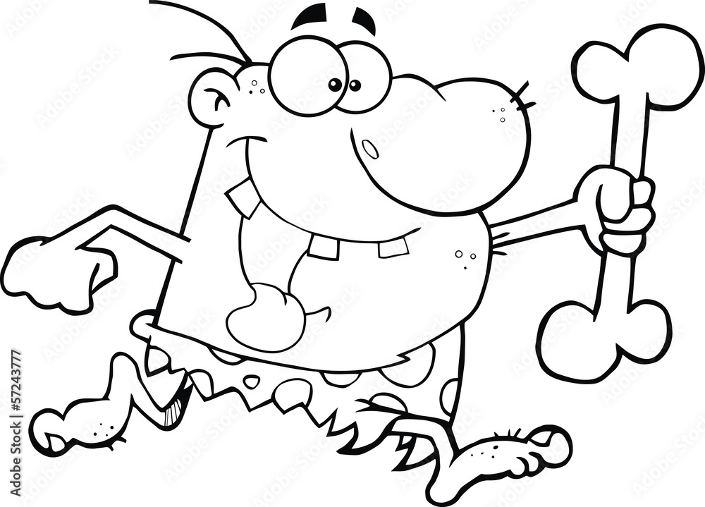 Black and White Caveman Running With A Big Bone Black and White Caveman Running With A Big Bone