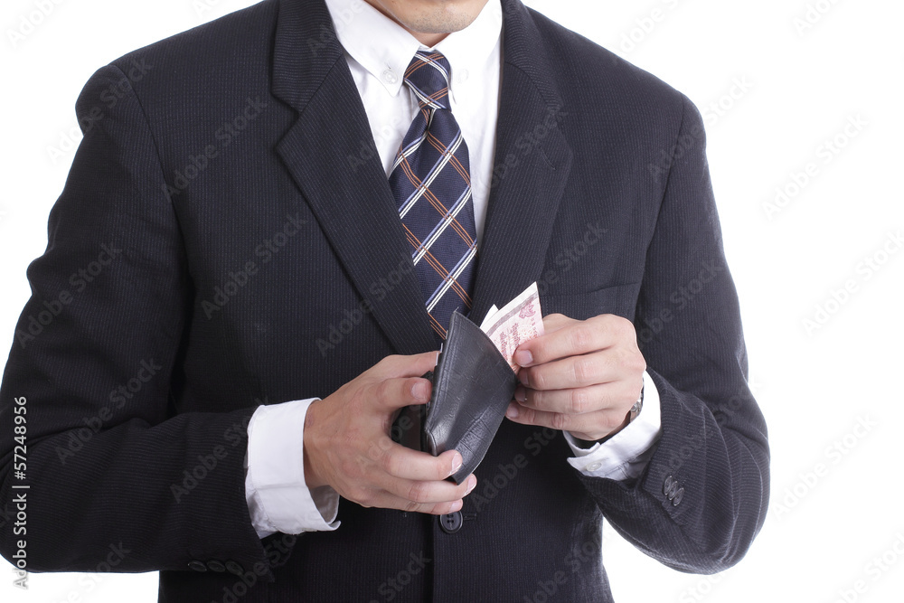 Businessman putting dollar money for pay something Businessman putting dollar money for pay something