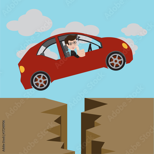 Businessman in a red car and thumbs up. Vector illustration