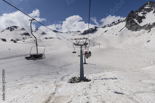 Cable car for skiers in the mountains