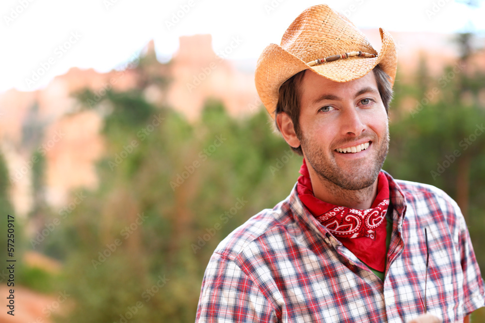 Cowboy man smiling happy wearing hat in country