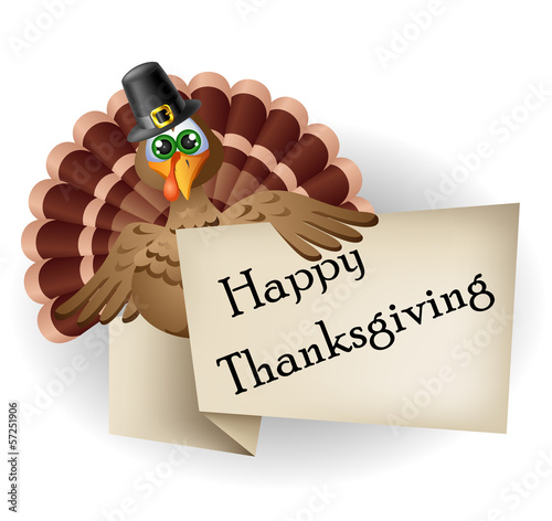 Cartoon turkey with thanksgiving label