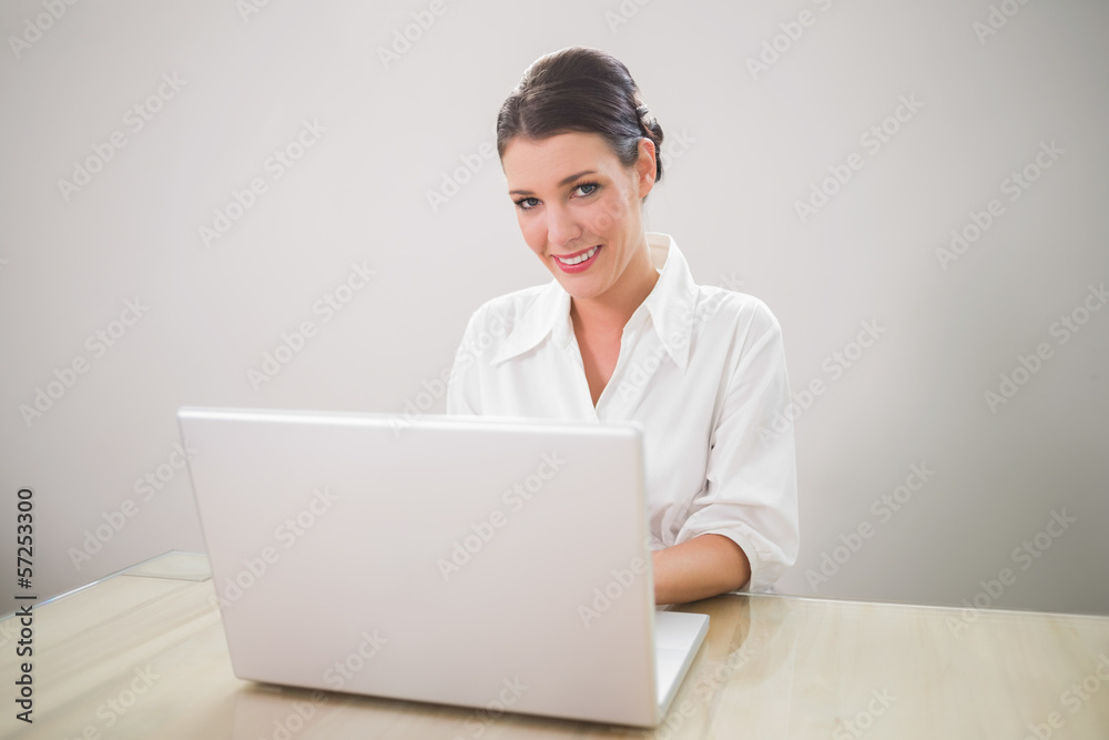 Smiling charming businesswoman typing on laptop Smiling charming businesswoman typing on laptop