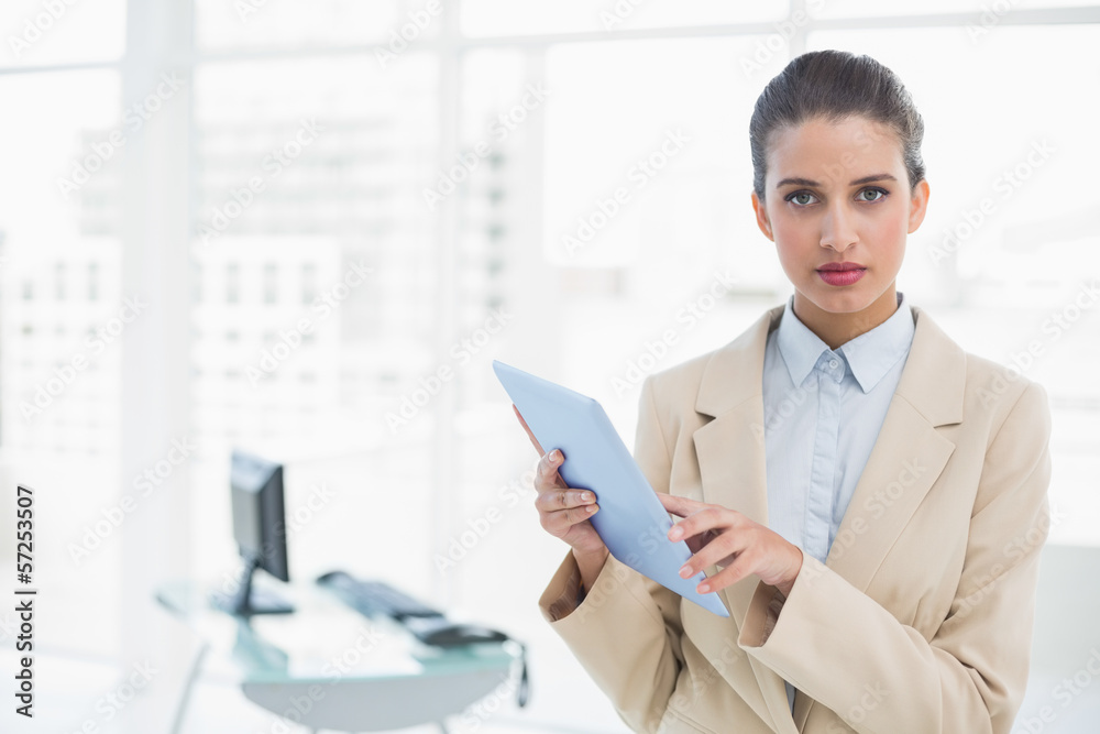 Serious smart brown haired businesswoman holding a tablet pc Serious smart brown haired businesswoman holding a tablet pc