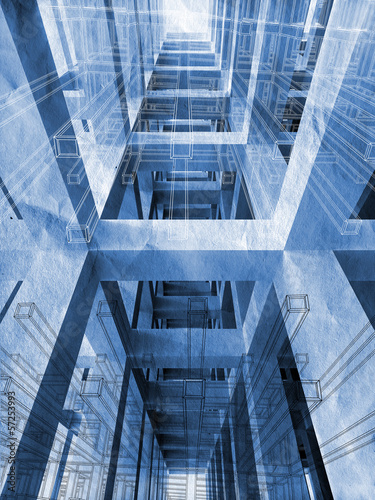 Blue abstract architecture 3d background with interior of braced