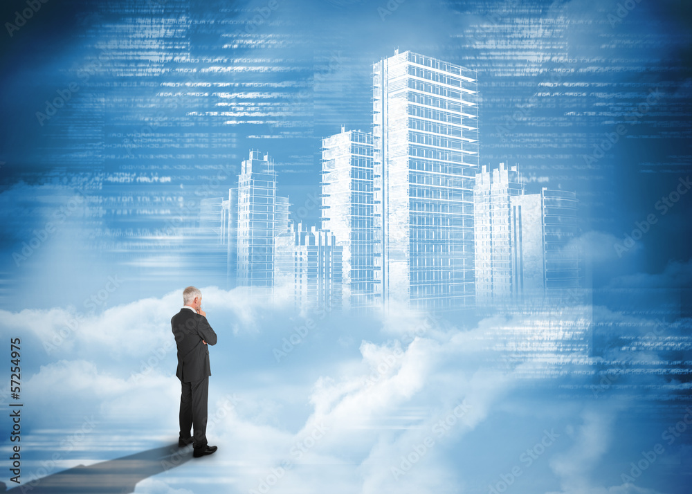 Rear view of businessman standing under holographic city Rear view of businessman standing under holographic city