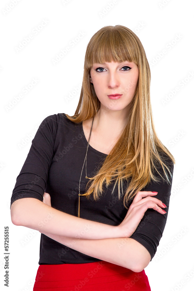 blonde in the office red skirt on a white background blonde in the office red skirt on a white background