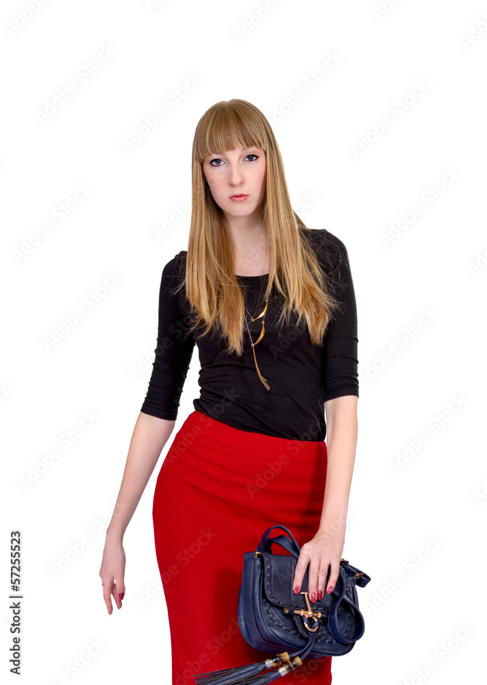 blonde in the office red skirt on a white background blonde in the office red skirt on a white background