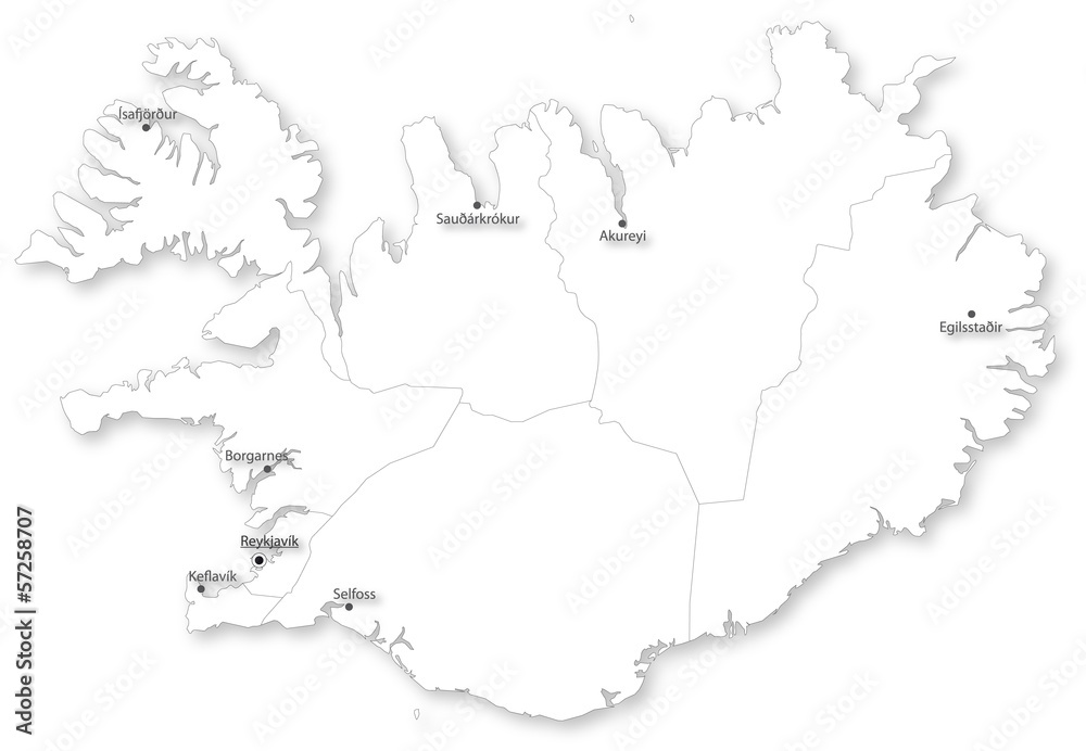 Vector map of Iceland with regions & cities