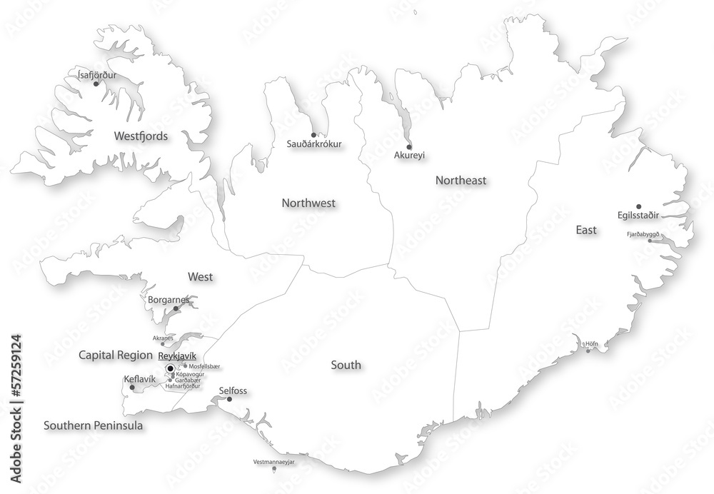 Simple vector map of Iceland with regions & cities