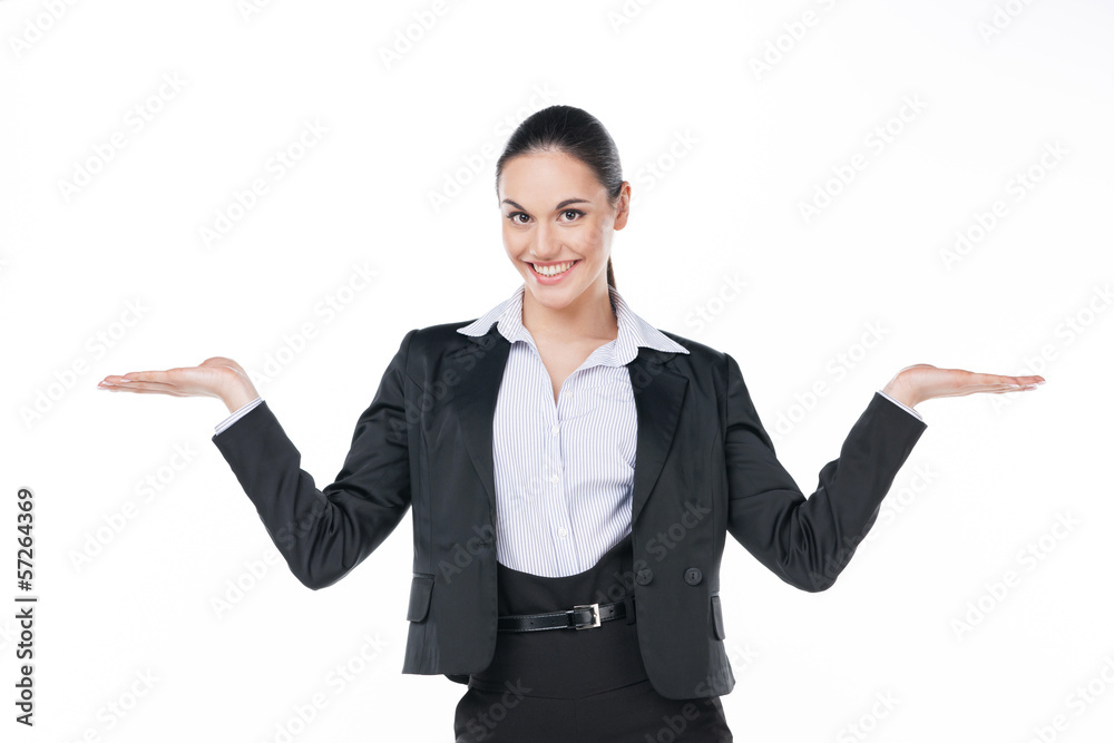 Smiling business woman showing open copy space with both hands. Smiling business woman showing open copy space with both hands.