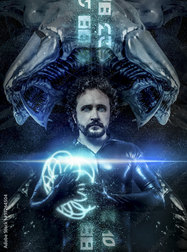 fantasy and science fiction, black latex man with blue neon sphe fantasy and science fiction, black latex man with blue neon sphe