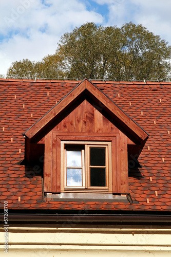 vertical window on the roof of red tiles