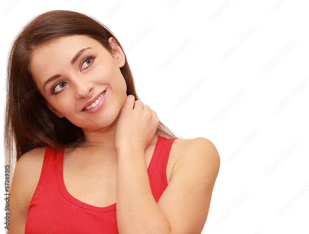 Smiling girl thinking about with copy space isolated on white ba Smiling girl thinking about with copy space isolated on white ba