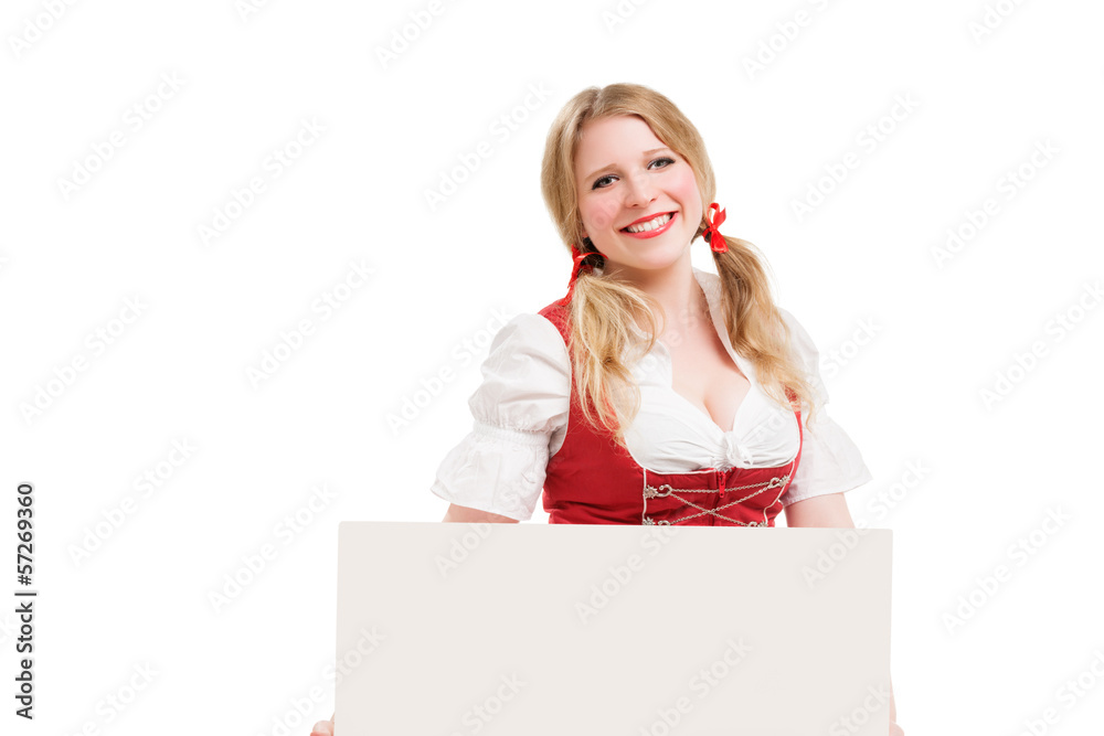 Bavarian woman in dirndl, holding blank signboard. Bavarian woman in dirndl, holding blank signboard.