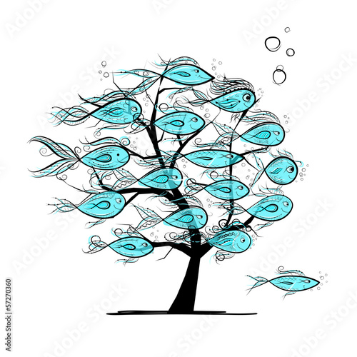 Underwater tree with funny fishes for your design