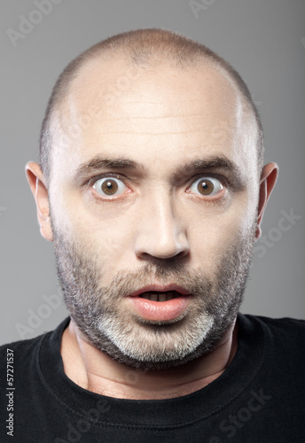 scared man portrait isolated on gray background