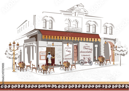 Series of street cafes with a cook