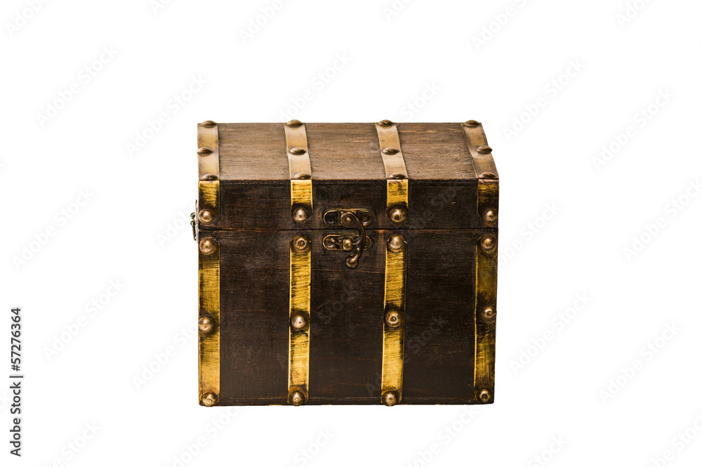 Brown wooden chest with golden metal elements isolated on white Brown wooden chest with golden metal elements isolated on white