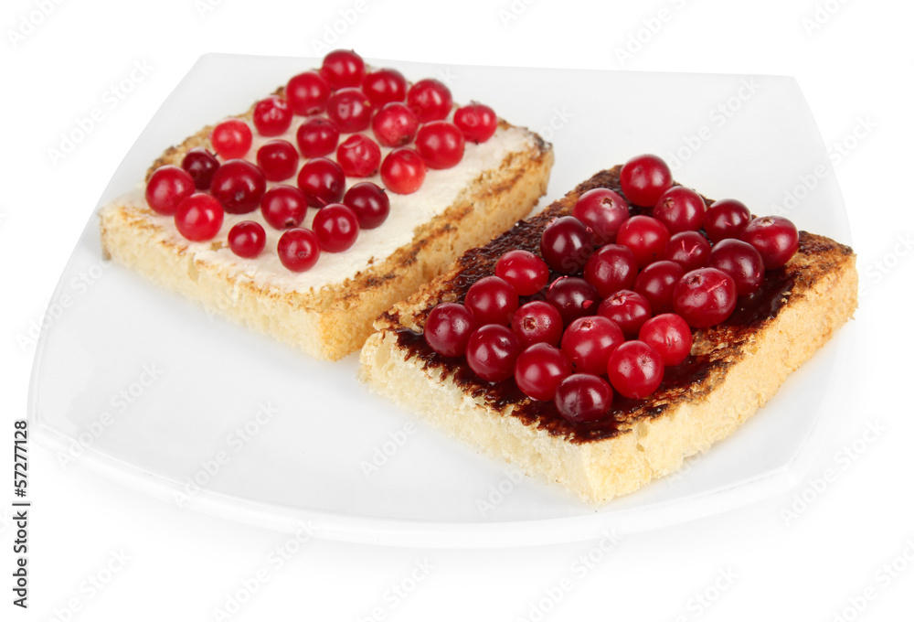 Delicious toast with cranberries isolated on white Delicious toast with cranberries isolated on white