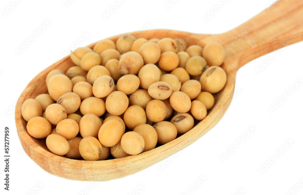 Soy beans in spoon isolated on white Soy beans in spoon isolated on white