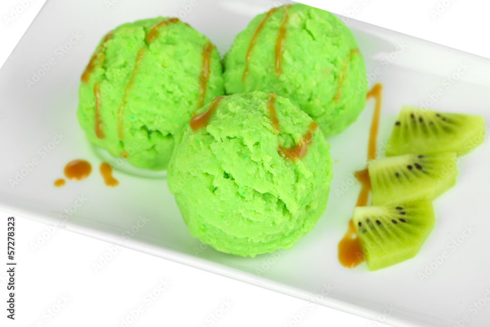 Delicious ice cream on plate isolated on white Delicious ice cream on plate isolated on white