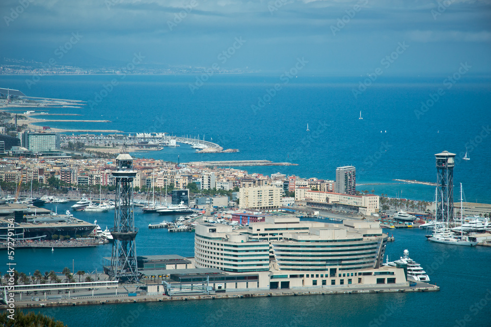 aerial view of port in Barcelona from Montjuic Mountain