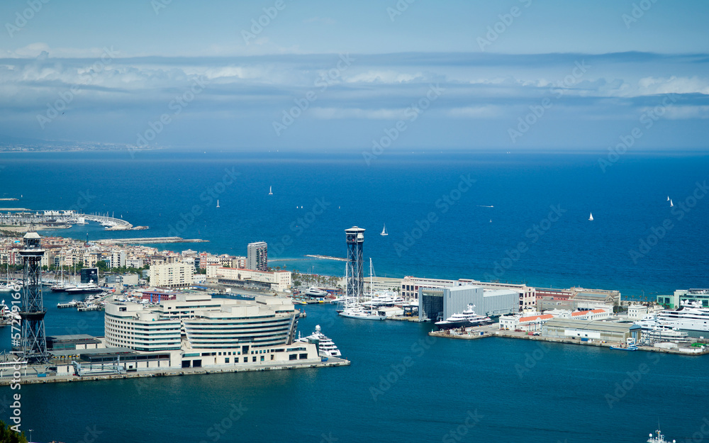 aerial view of port in Barcelona from Montjuic Mountain