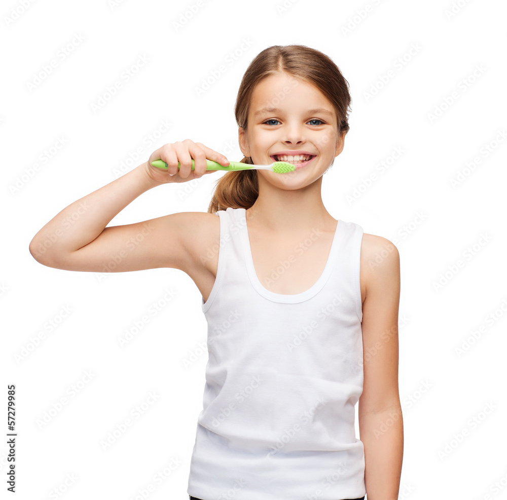 girl in blank white shirt brushing her teeth girl in blank white shirt brushing her teeth