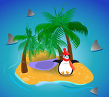 cold penguin over tropical island