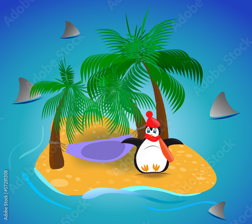 cold penguin over tropical island