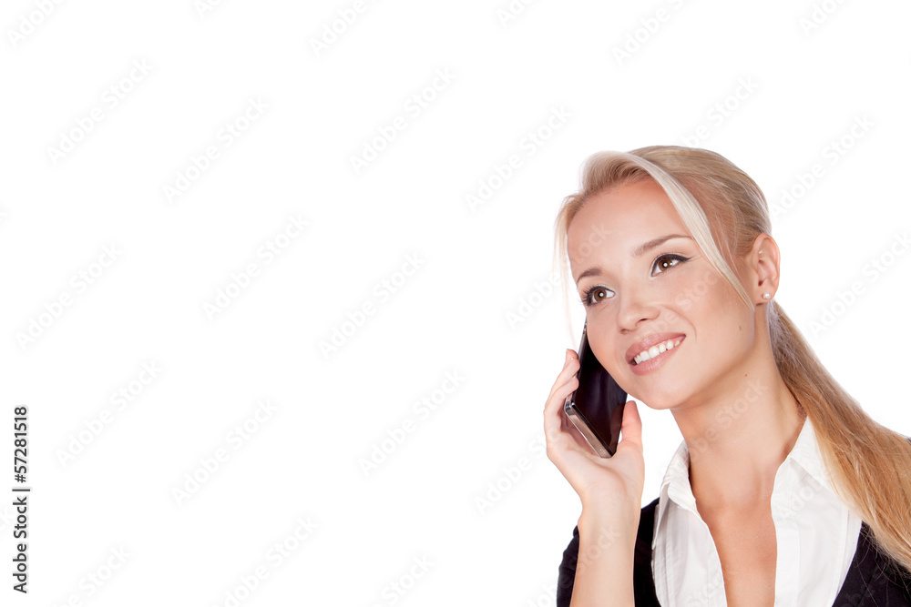 Portrait of happy smiling young businesswoman with phone