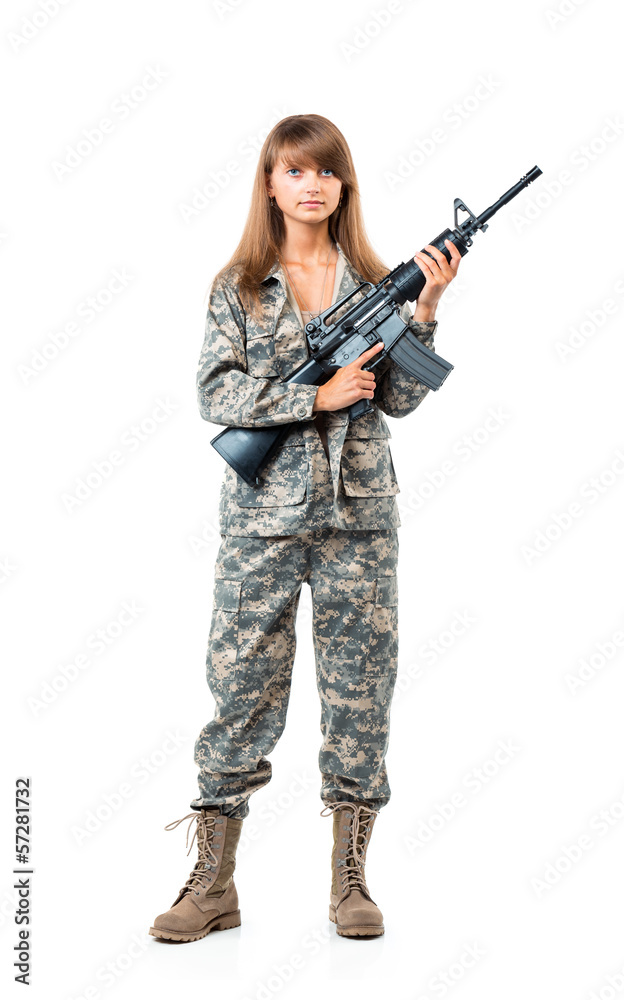 Soldier young beautyful girl dressed in a camouflage with a gun Soldier young beautyful girl dressed in a camouflage with a gun