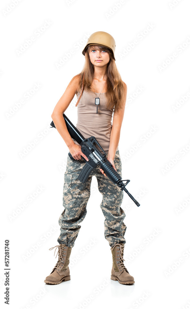 Soldier young beautiful girl dressed in a camouflage with a gun Soldier young beautiful girl dressed in a camouflage with a gun