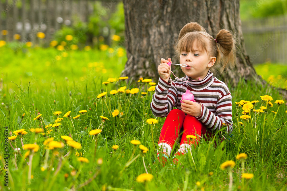 Five-year funny girl blowing soap bubbles in the park Five-year funny girl blowing soap bubbles in the park