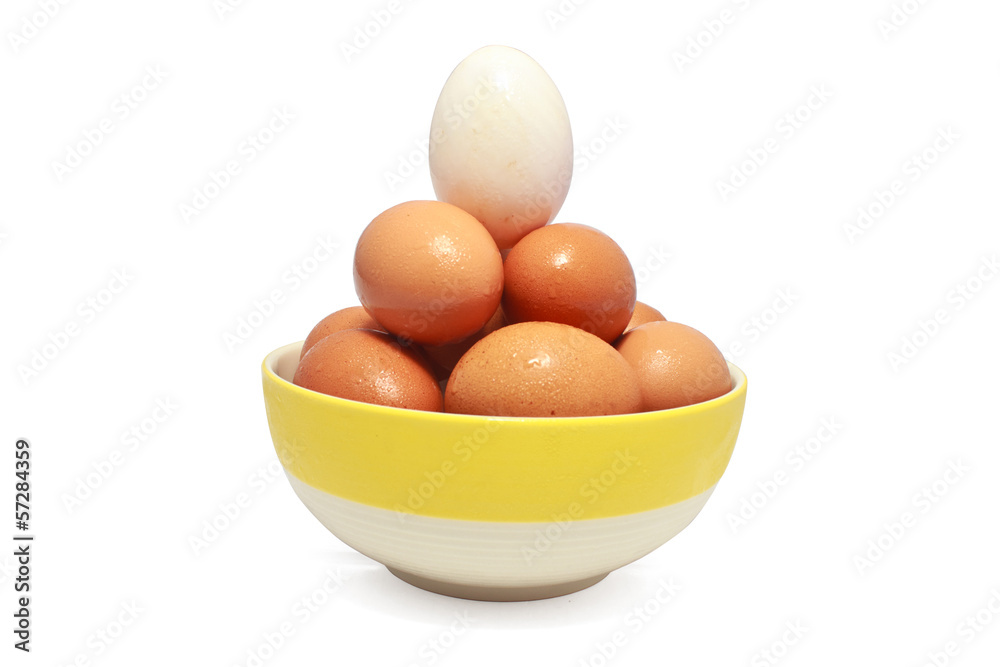One white egg between brown eggs. One white egg between brown eggs.
