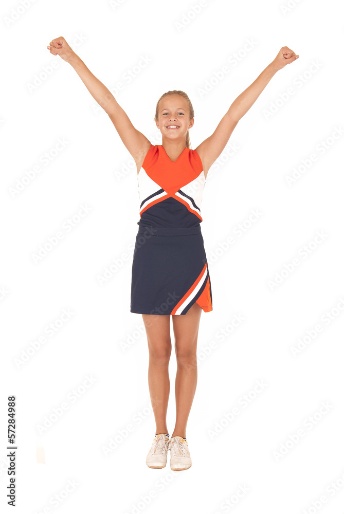 Young high school cheerleader cheering with no pom poms Young high school cheerleader cheering with no pom poms