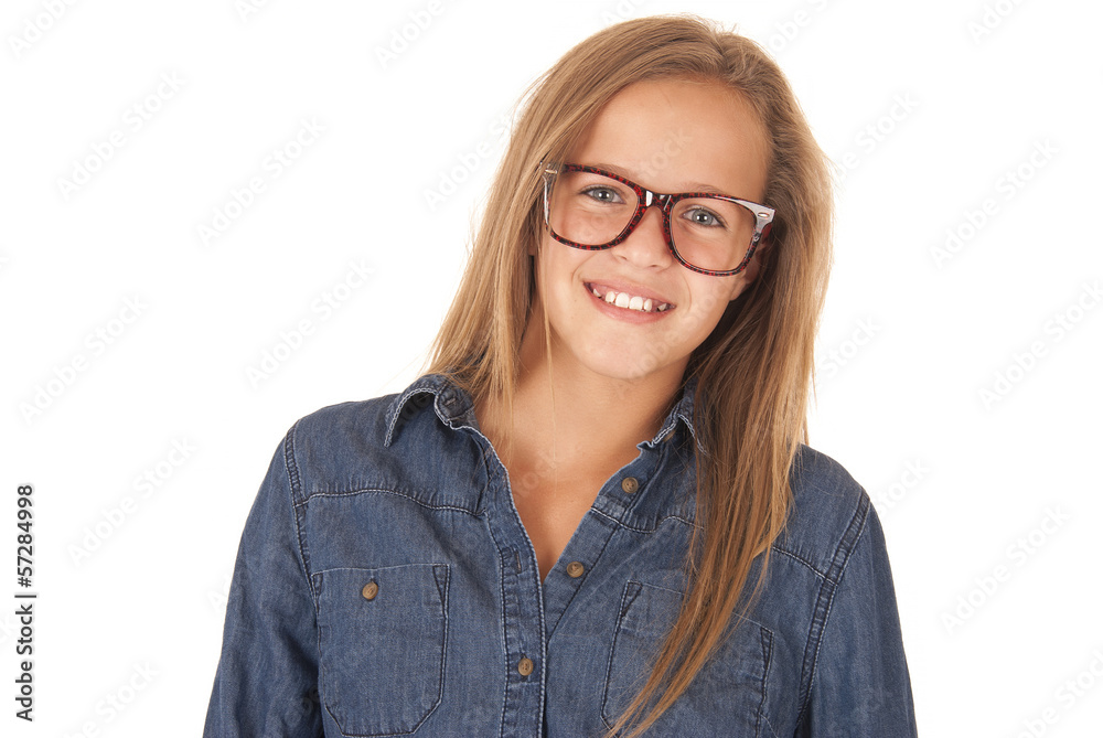 Young teenage model in denim shirt and brown glasses portrait