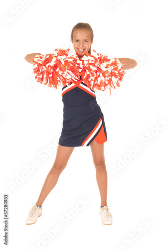 Young high school cheerleade front view with pom poms