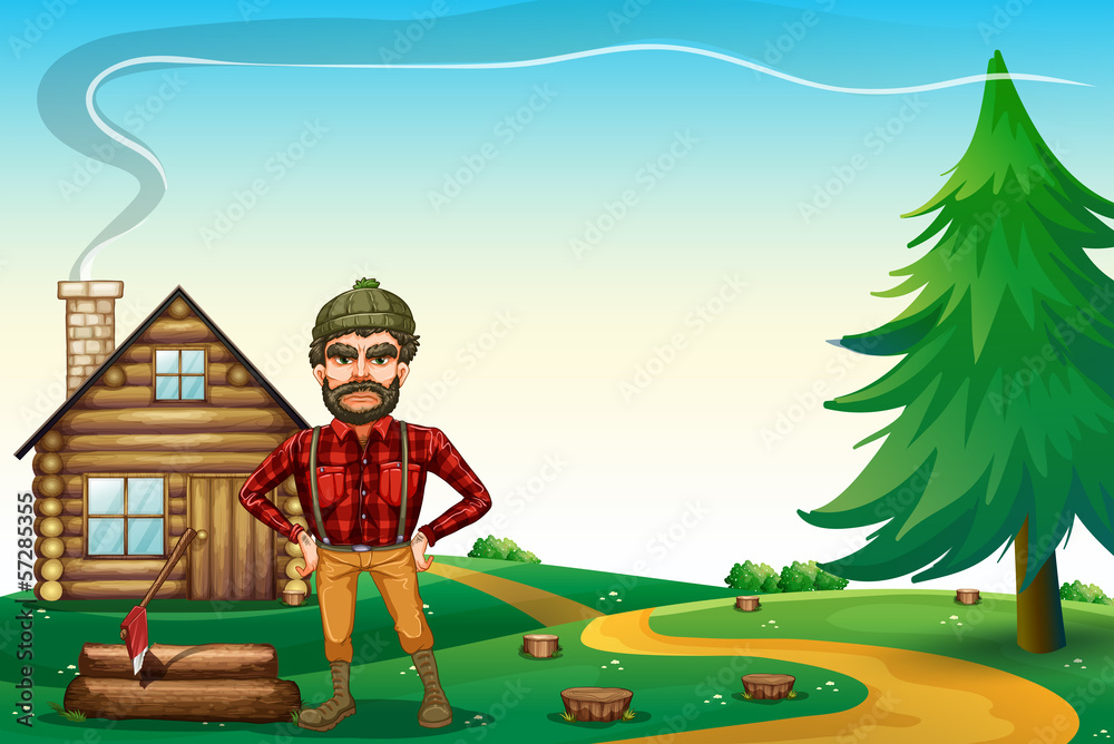A lumberjack standing in front of the wooden farmhouse