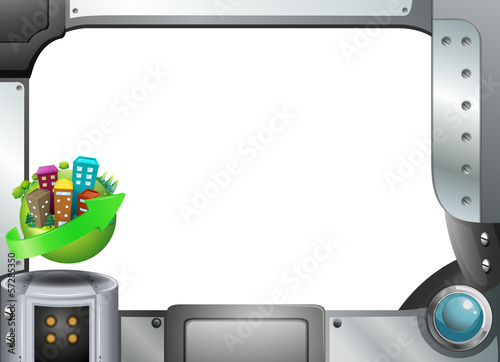 A metallic frame with buildings in an island