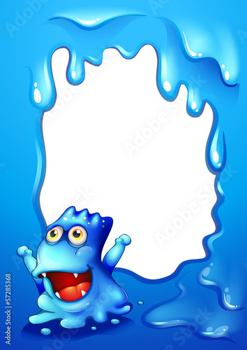 A blue border design with a monster wondering