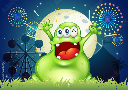 A happy fat green monster at the amusement park